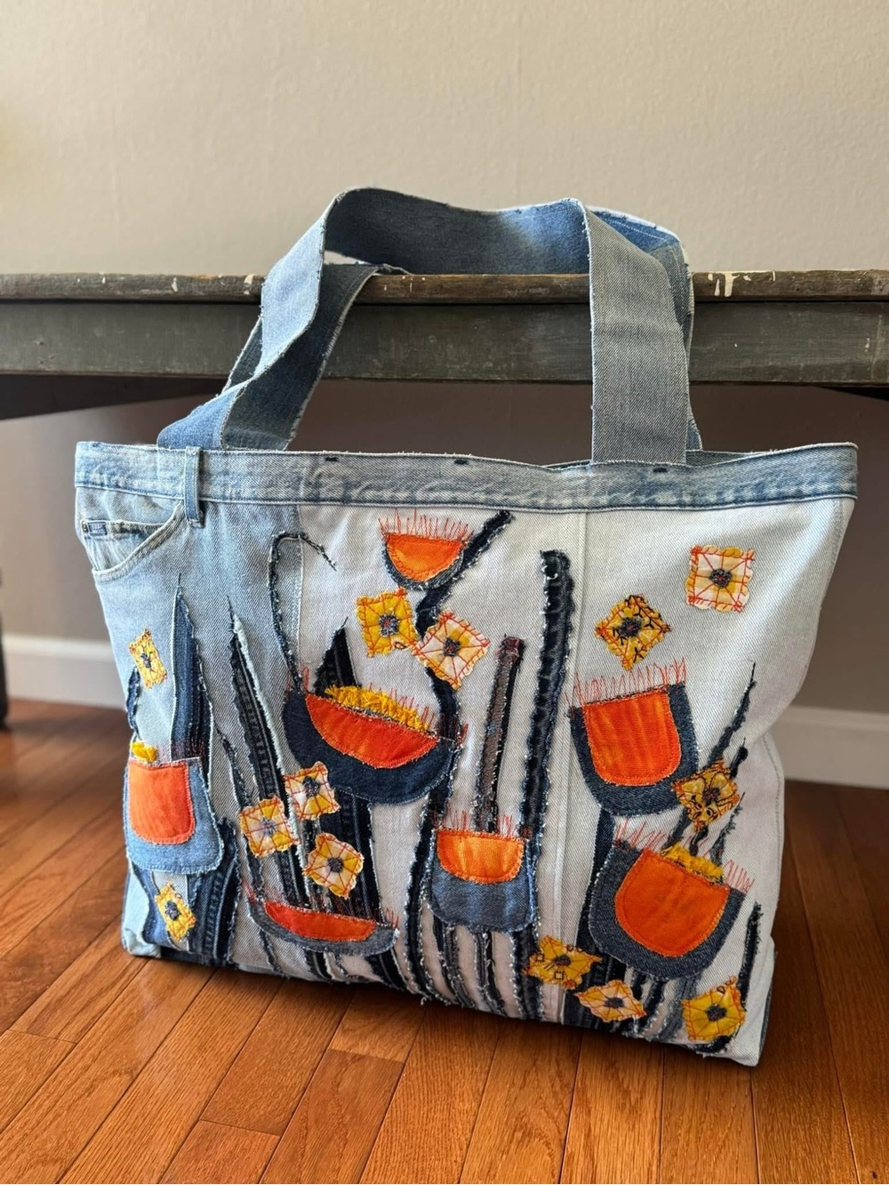 Handcrafted “Wild Child” Oversized Denim and Orange Tote